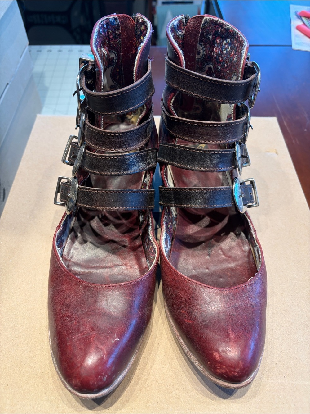 Harah Freebird by Steven Burgundy Pointed-Toe Heeled Buckle Boots